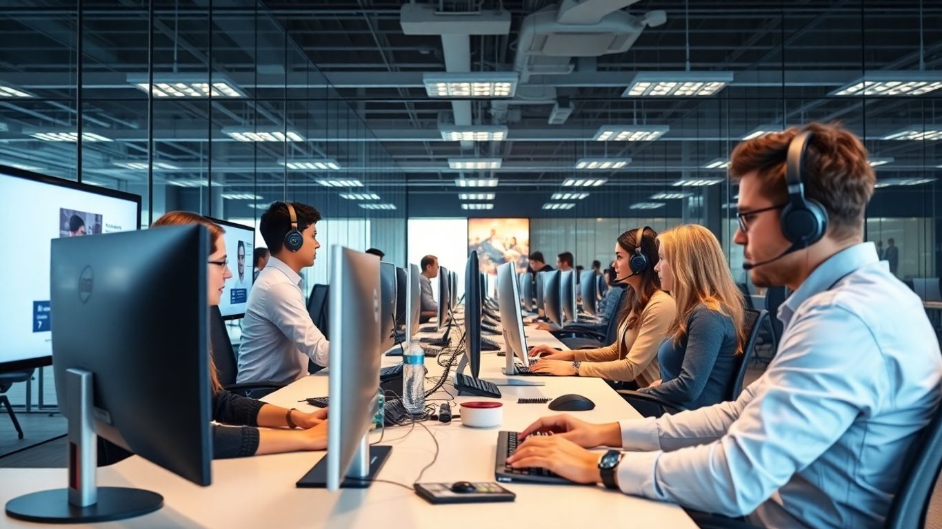 Modern call center agents working at computers