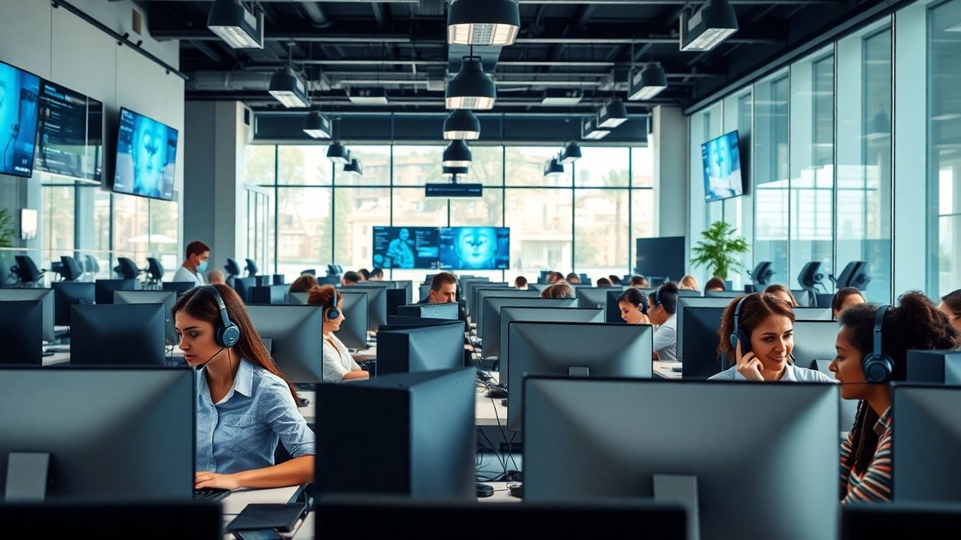 Diverse call center agents collaborating in a modern office.