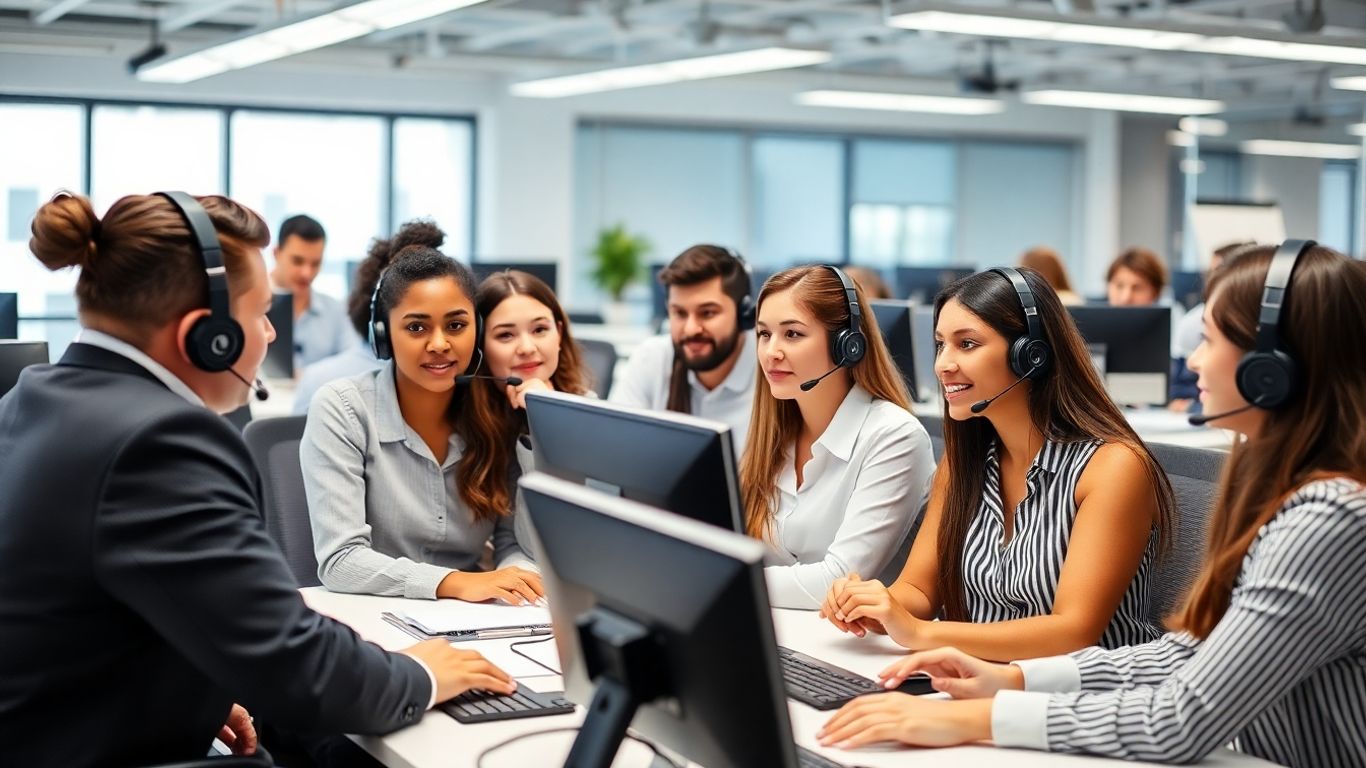 Call center employees in training session with trainer.