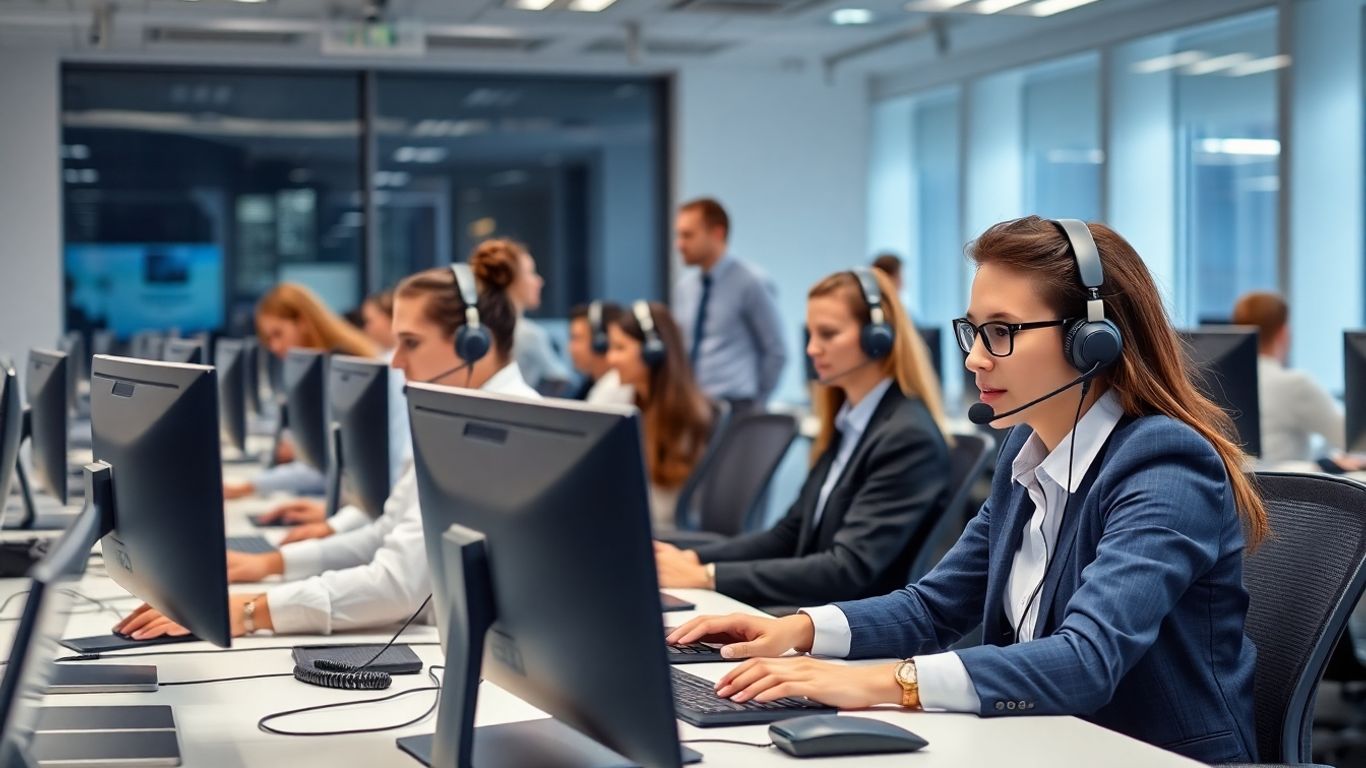 Modern call center agents at desks with headsets working