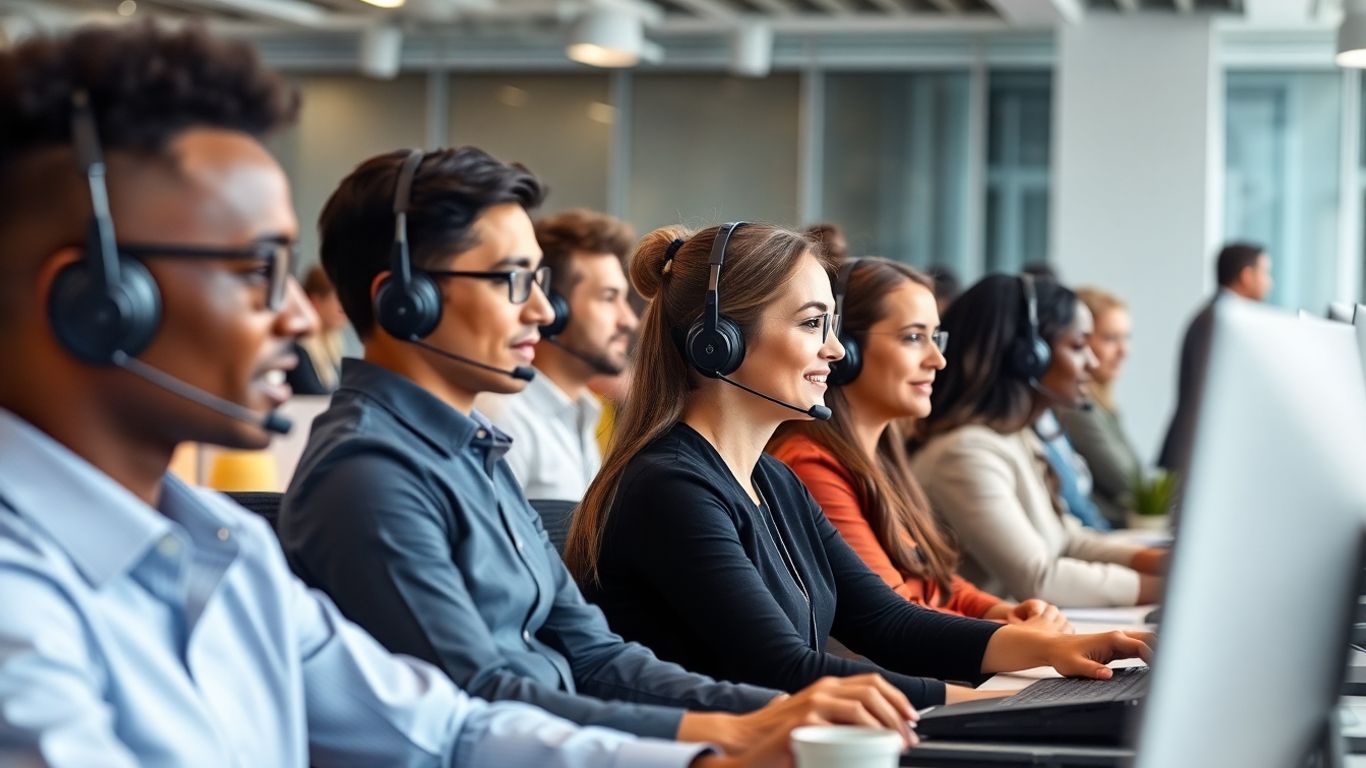 Call center agents working in modern office environment