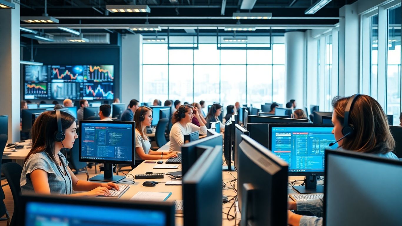 Busy call center agents working at modern computers
