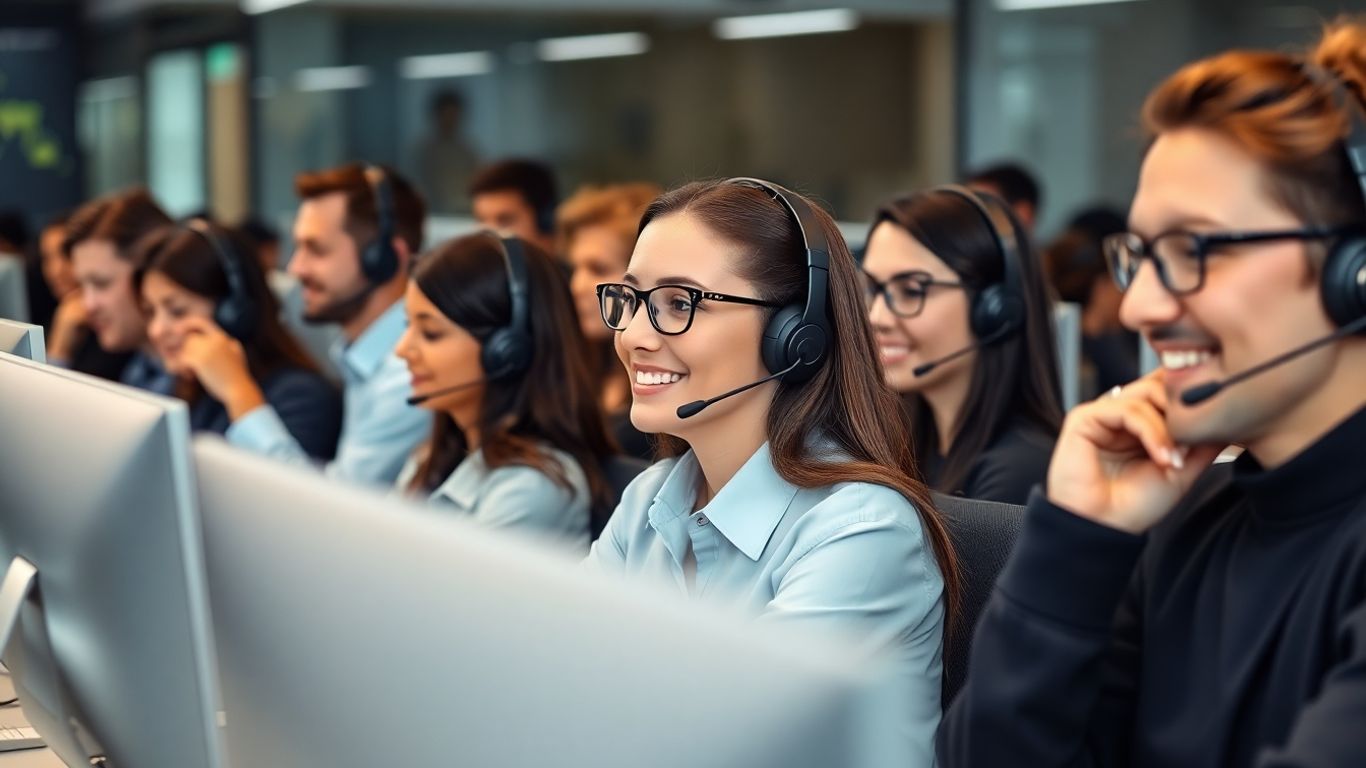 Call center agents wearing headsets in modern workspace