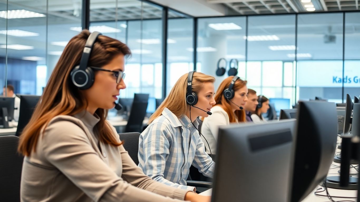 Diverse call center agents at computers in modern office