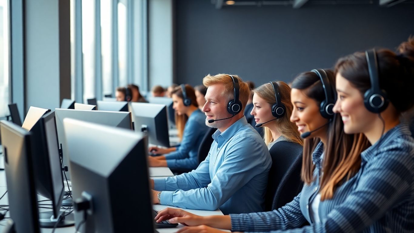 Call center agents working at desks with headsets.
