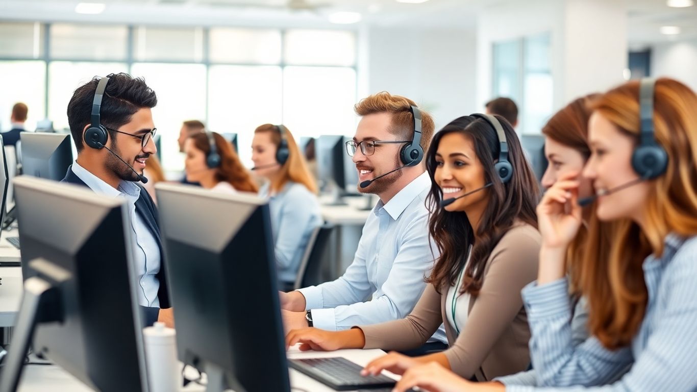 Call center agents working at computers with headsets
