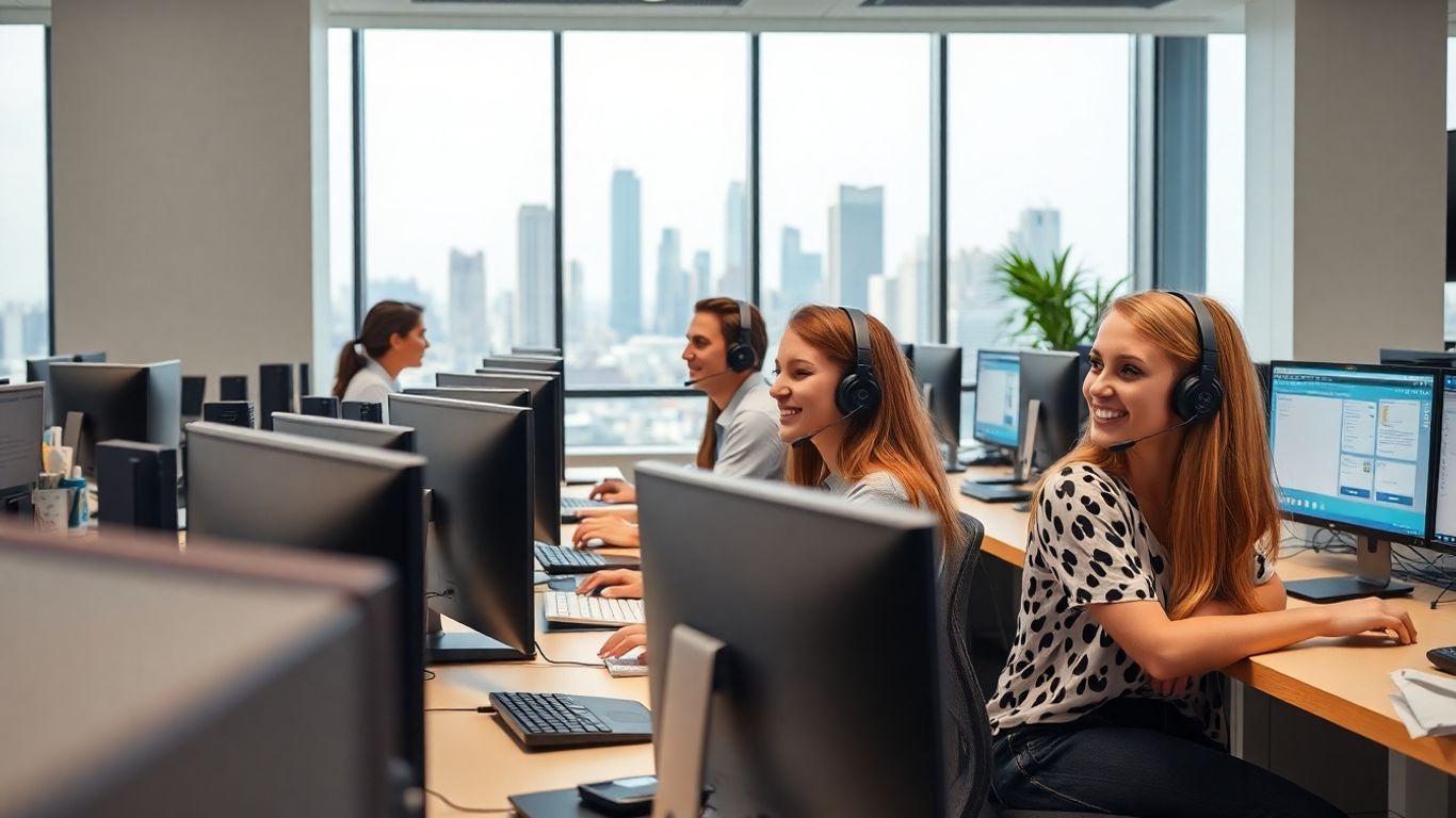 Call center agents working in a modern office.