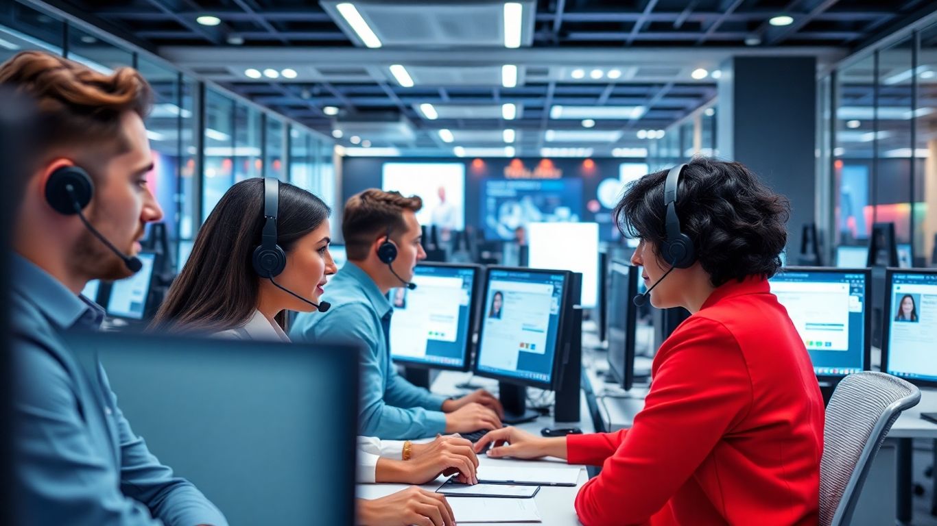 Modern call center agents working in a high-tech office