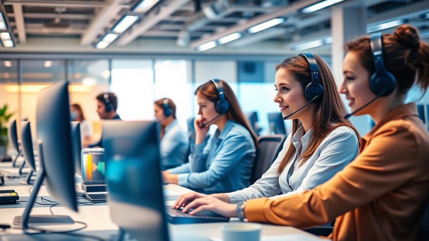 Call center agents using advanced software in modern office