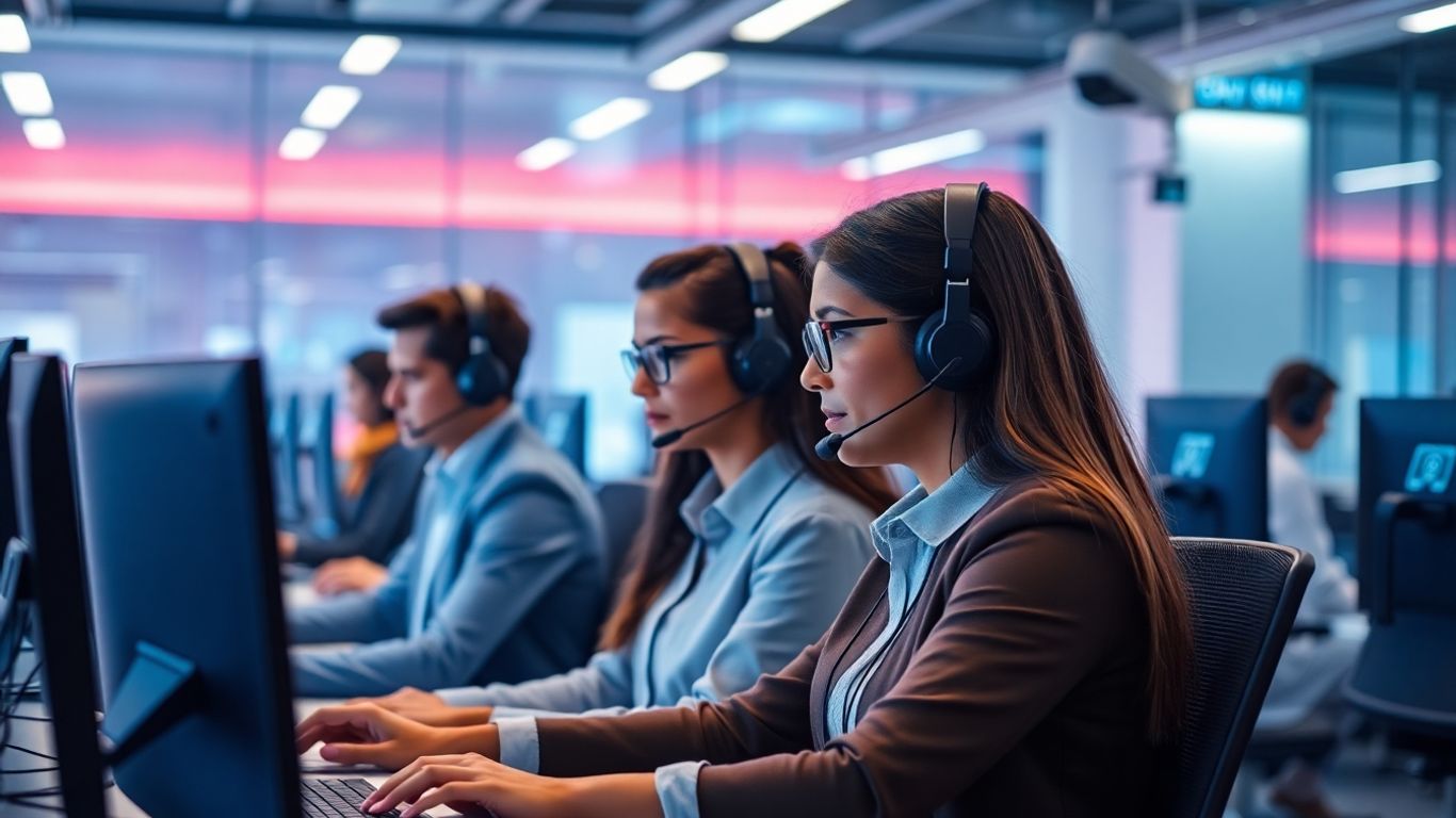 Call center agents using advanced technology in secure office