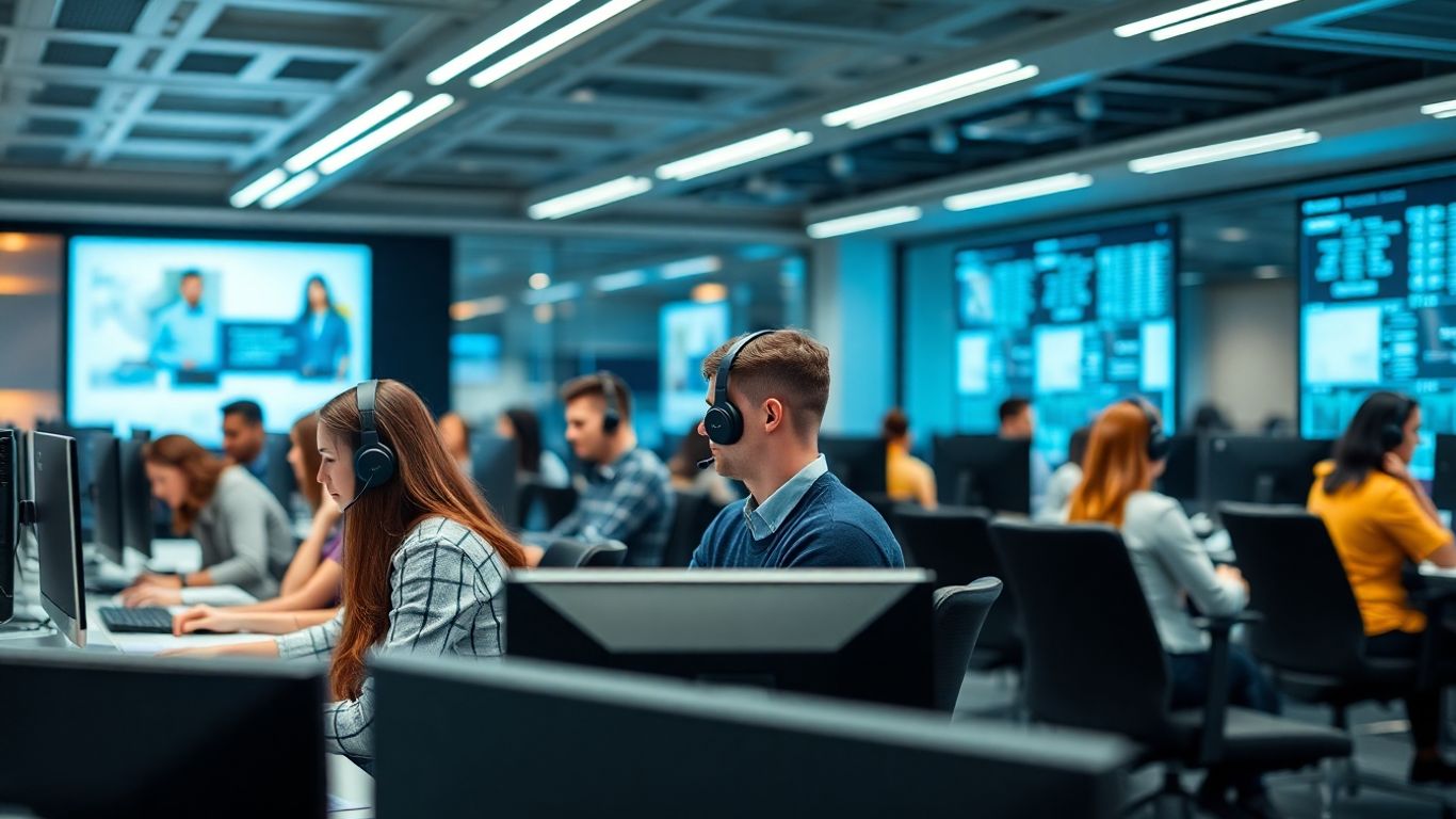 Modern call center agents using advanced workstations