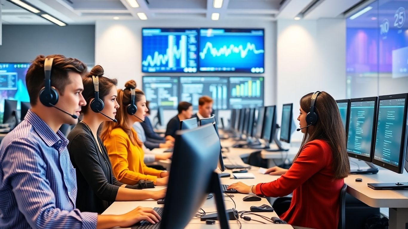 Call center agents at computers with digital screens background