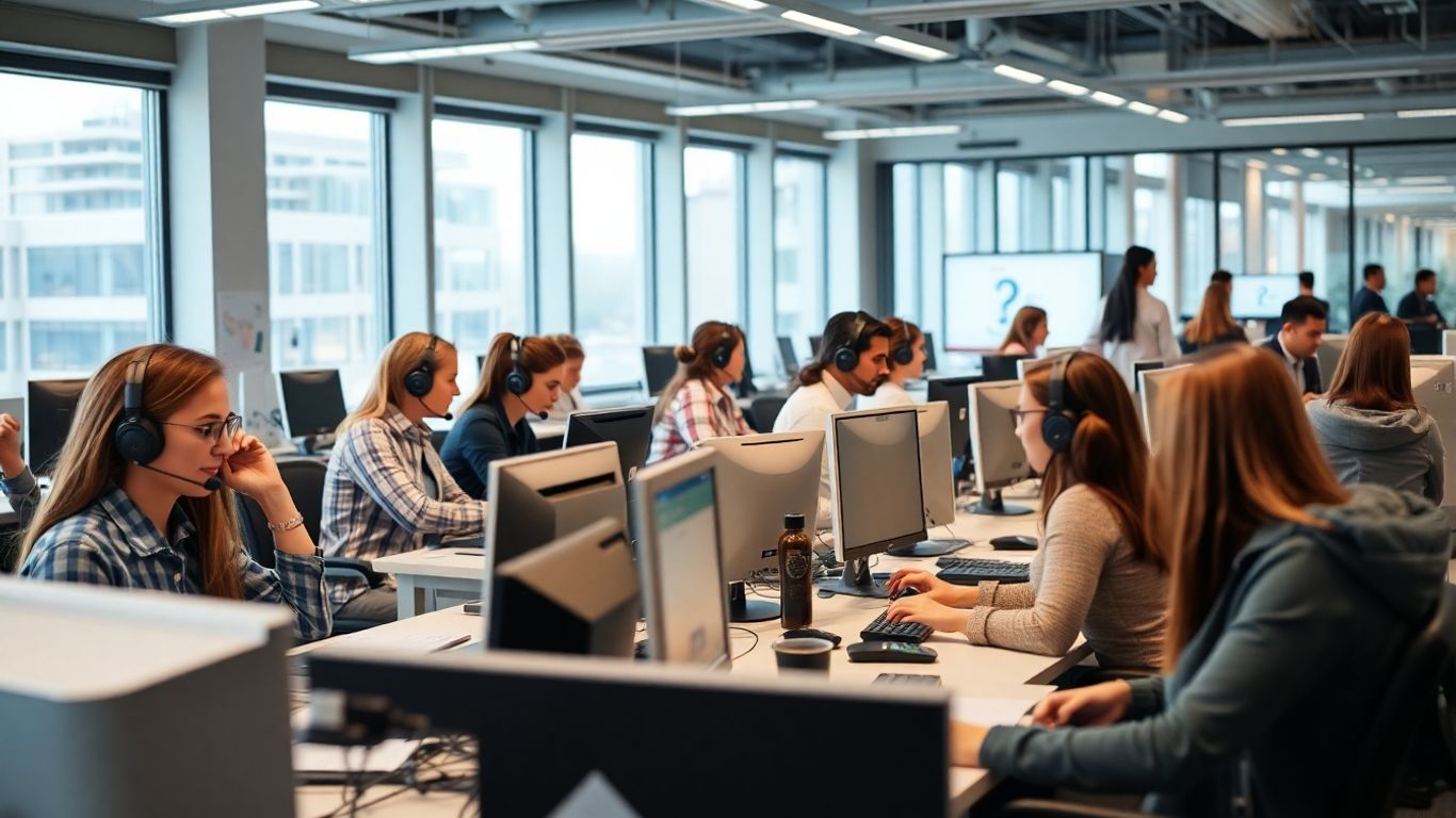 Busy call center with agents and supervisors working