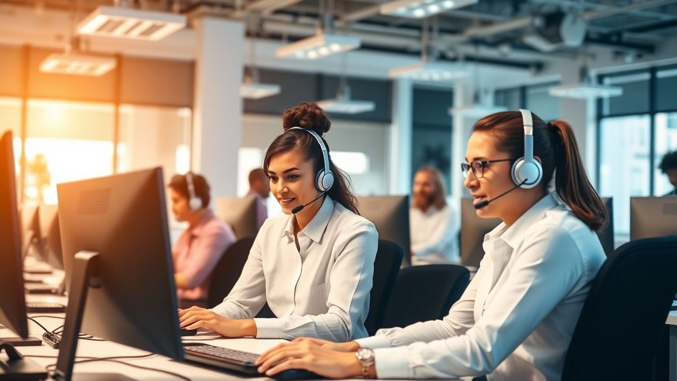 Call center agents working together in a modern office