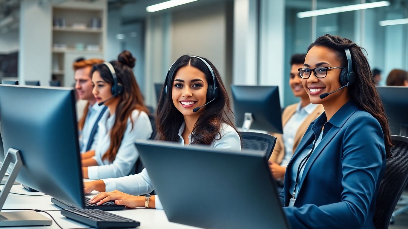 Professional call center agents working at computers