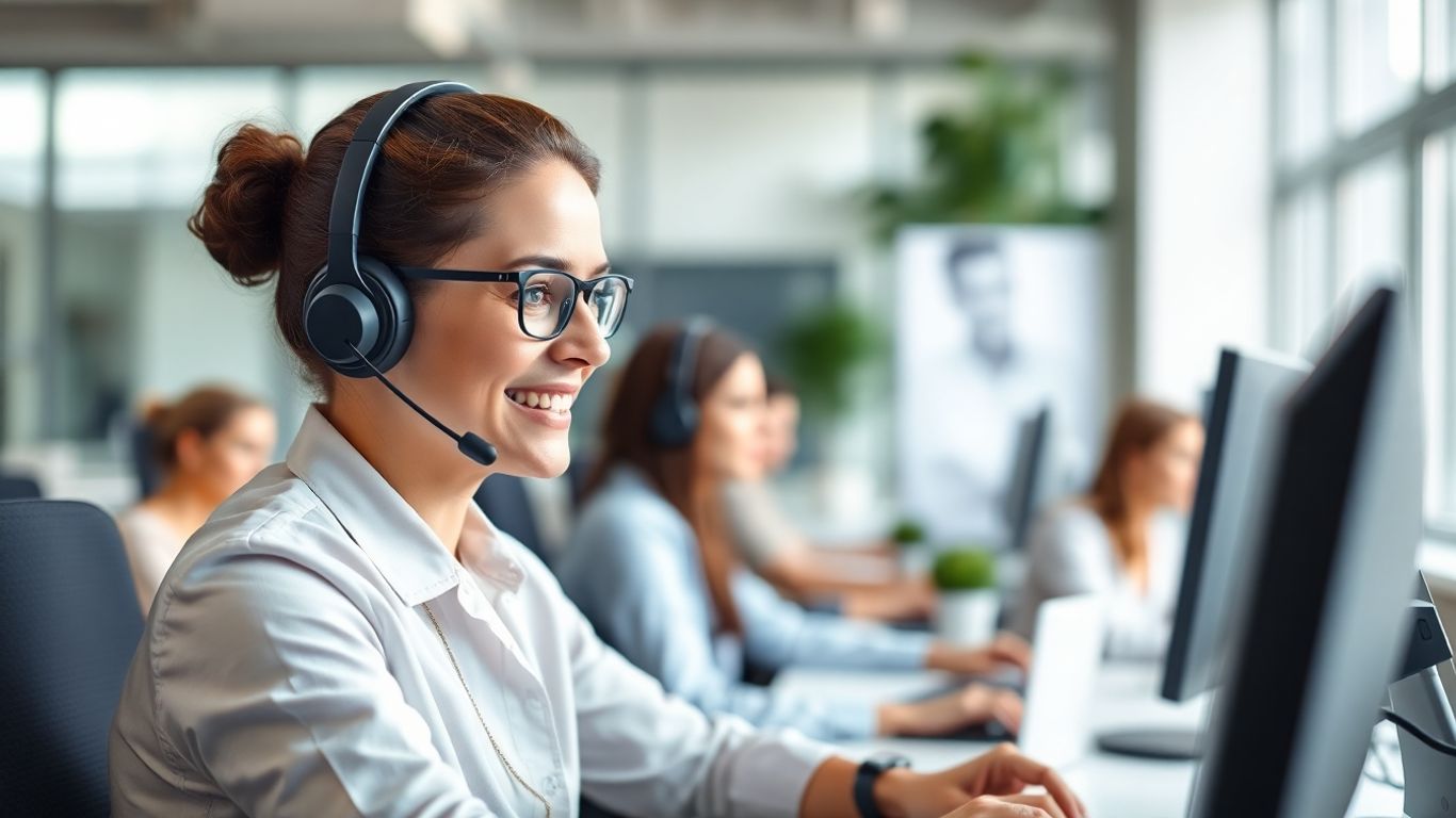 Smiling call center worker with headset in modern office