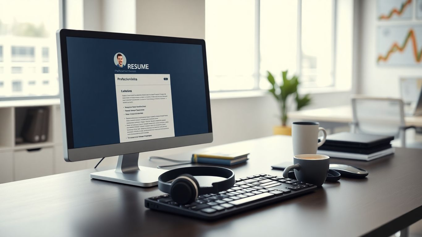 Modern desk with resume and headset in bright office