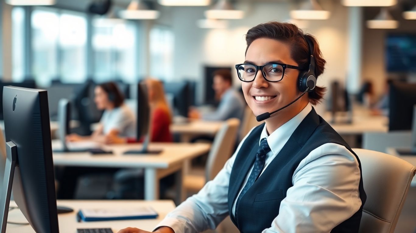 Professional call center worker wearing a headset at desk