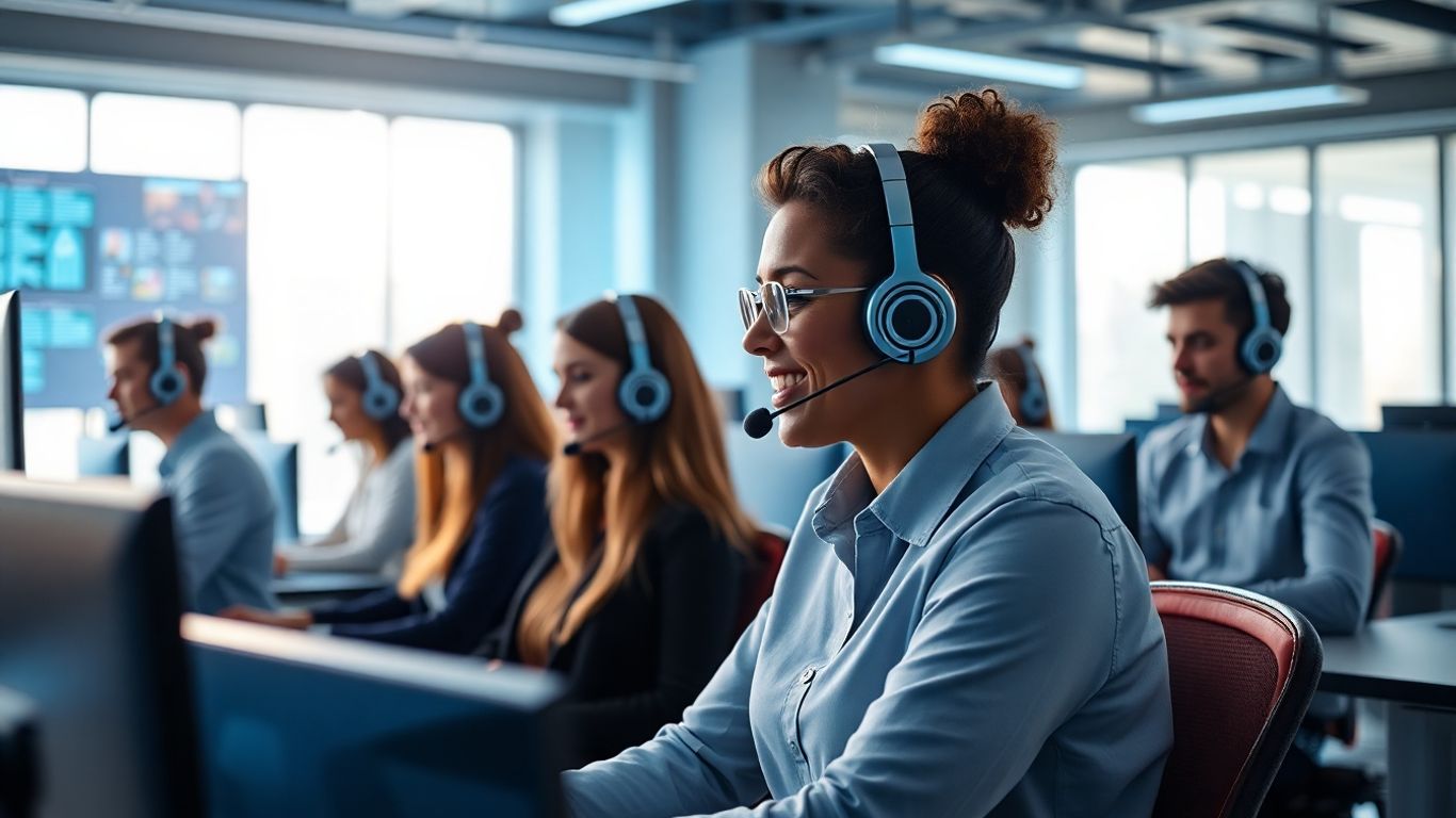Call center agents with headsets in a modern office