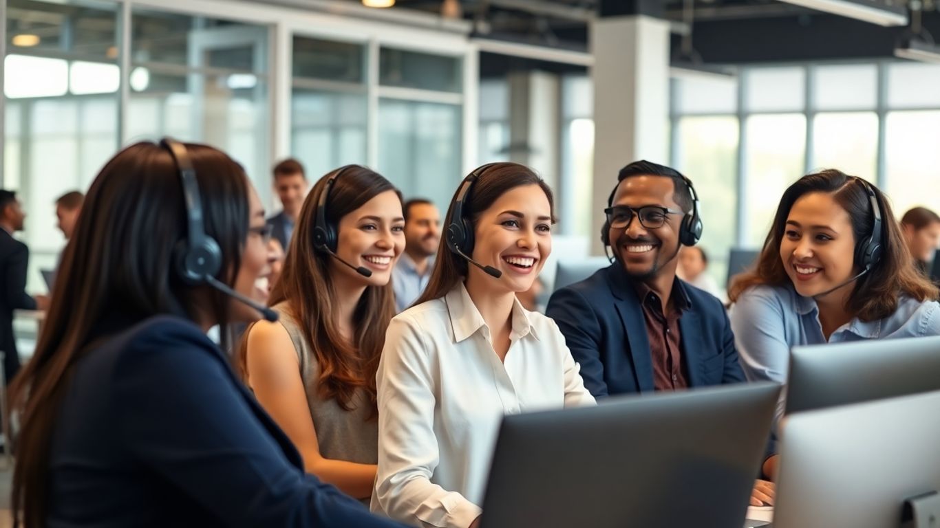 Friendly call center agents listening and speaking with headsets