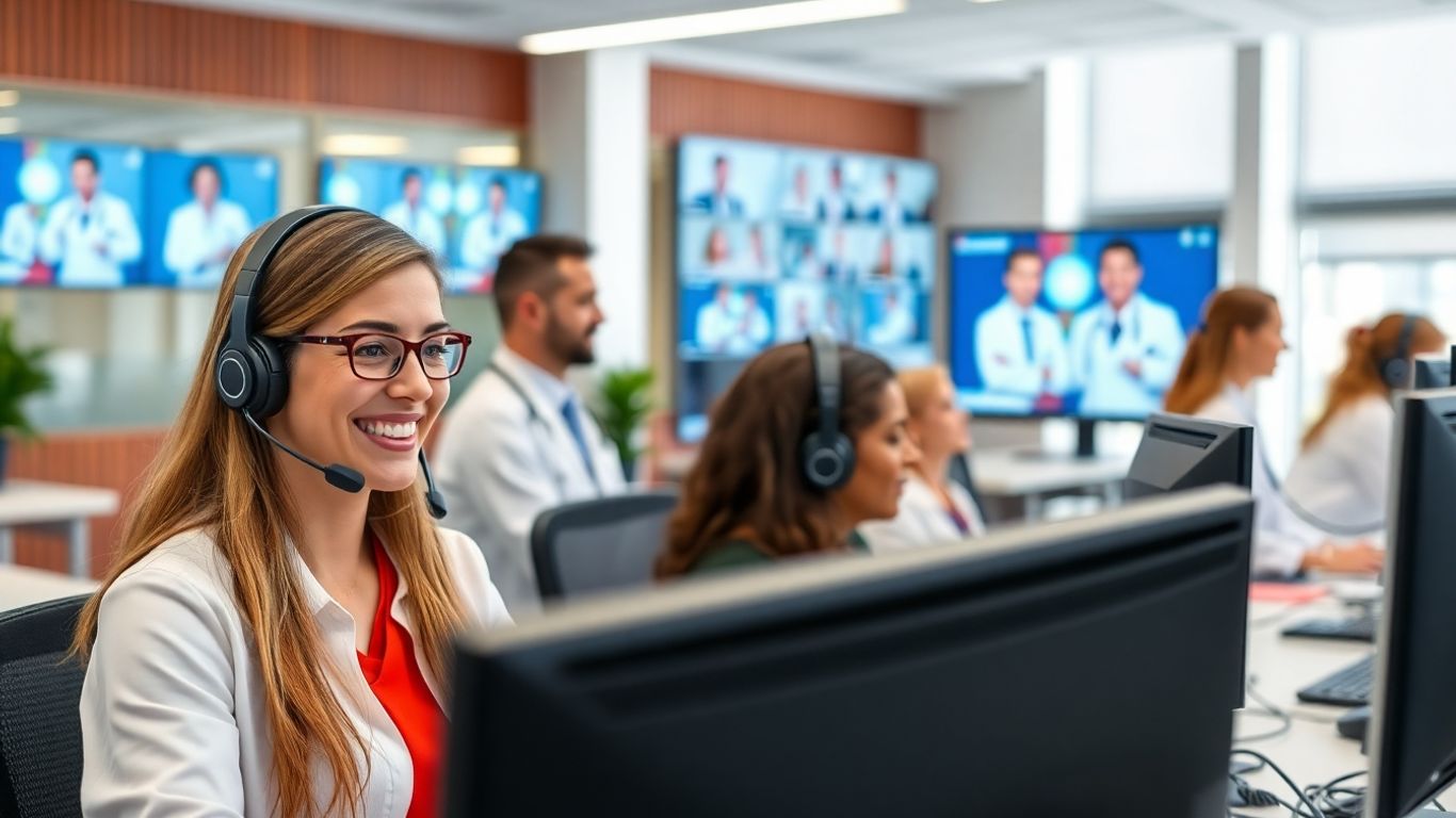 Healthcare call center agents coordinating patient care digitally