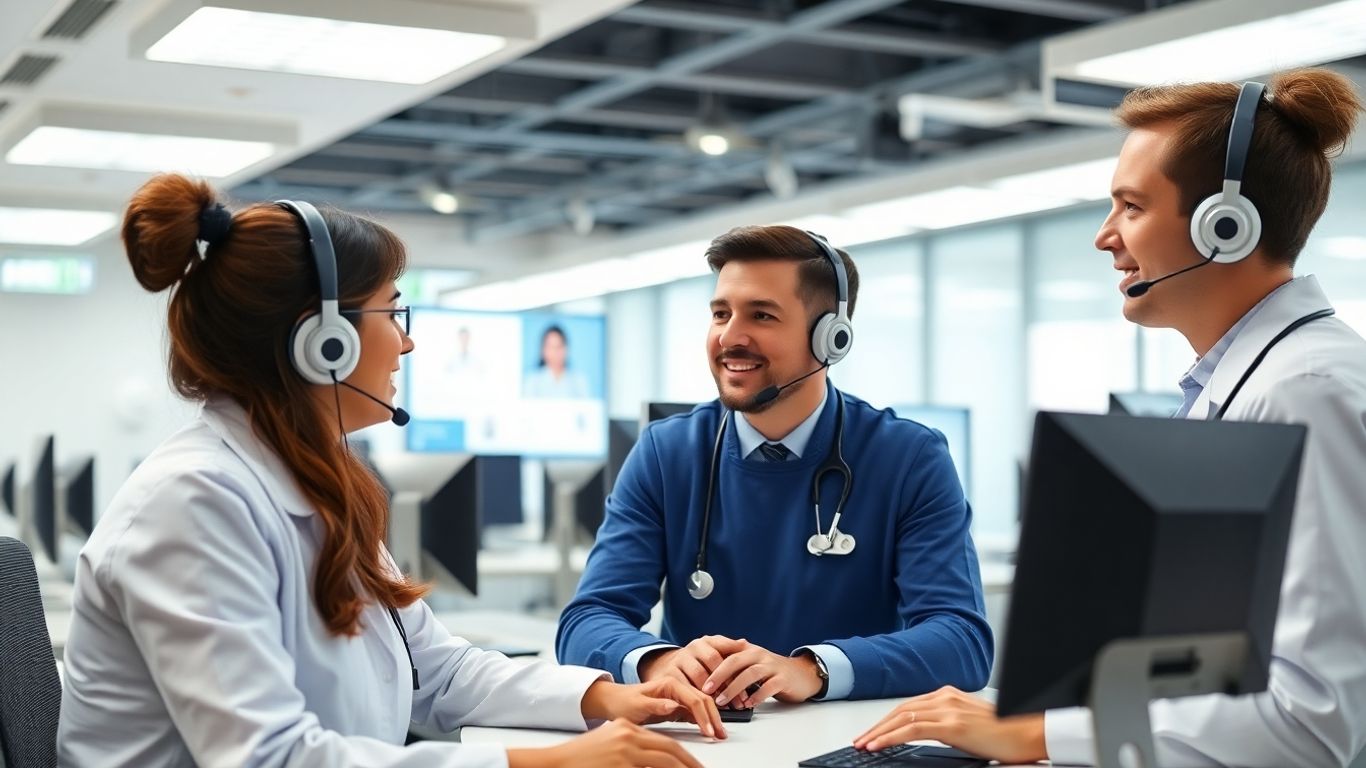 Healthcare professionals at call center with modern technology
