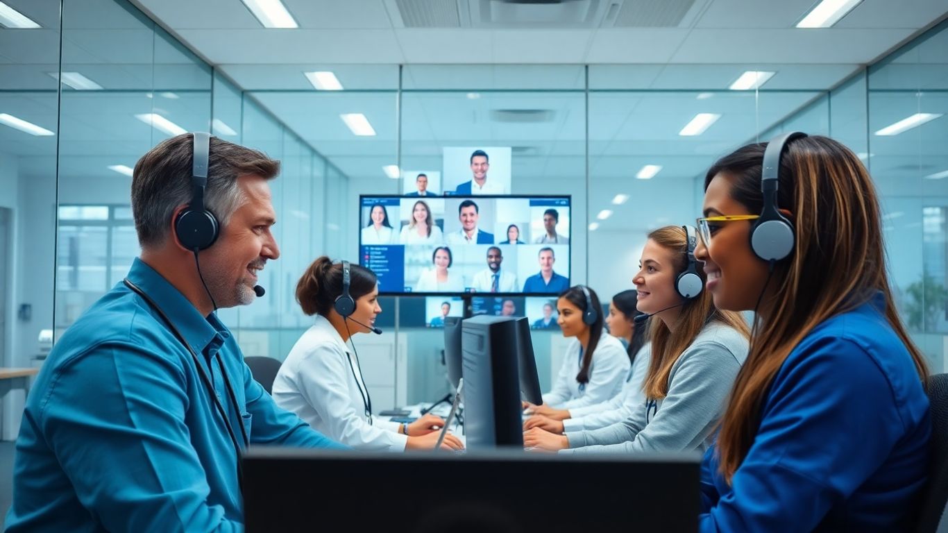 Healthcare call center staff assisting patients, high-tech environment