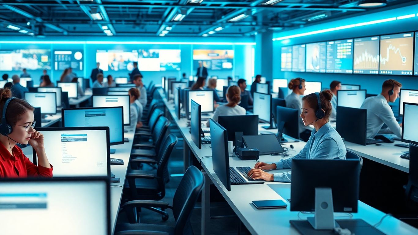 Modern call center agents with headsets in futuristic setting