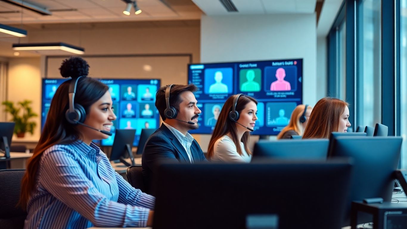 Modern call center agents with digital customer profiles visible.