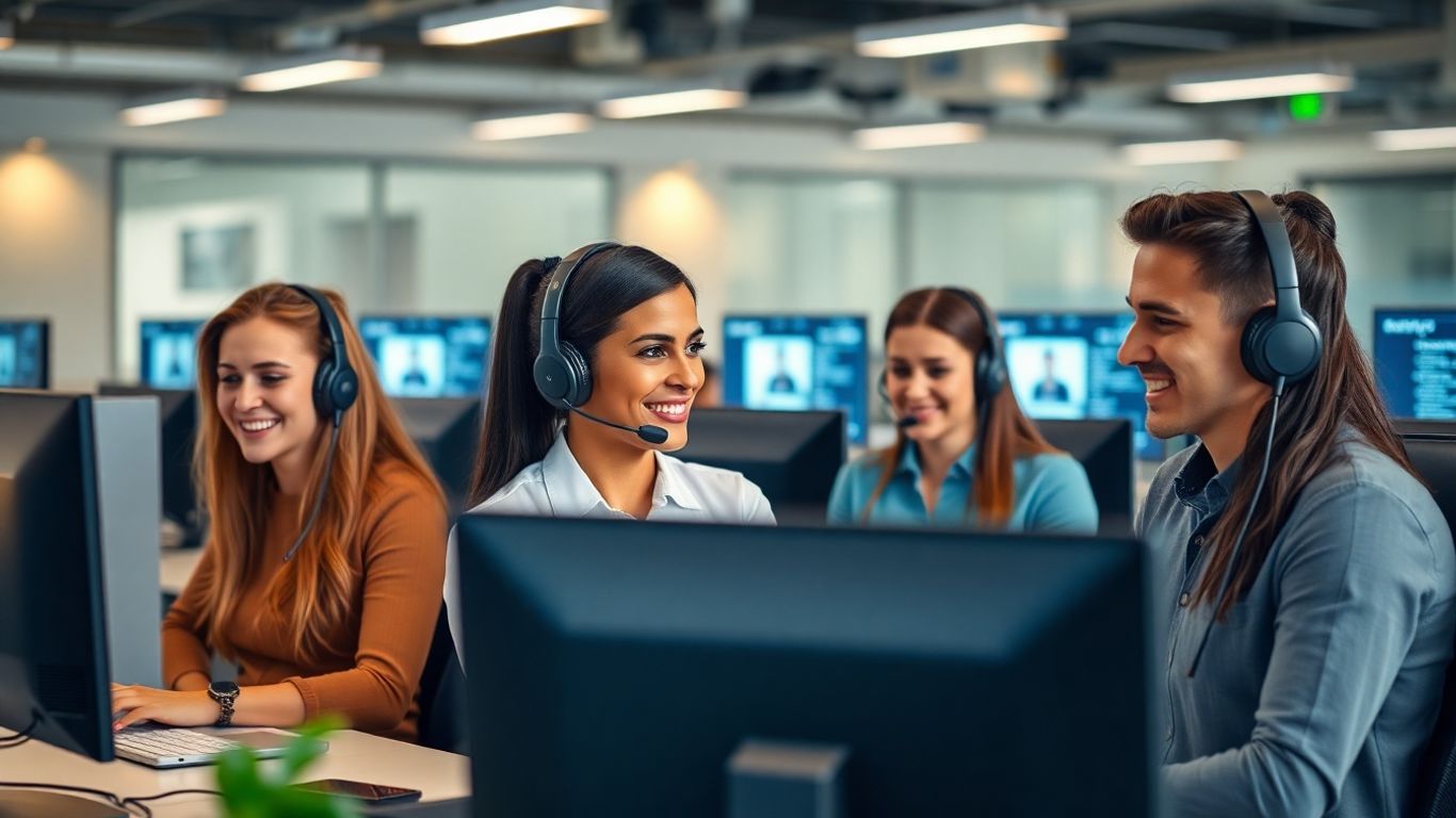 Call center agents collaborating in modern office environment