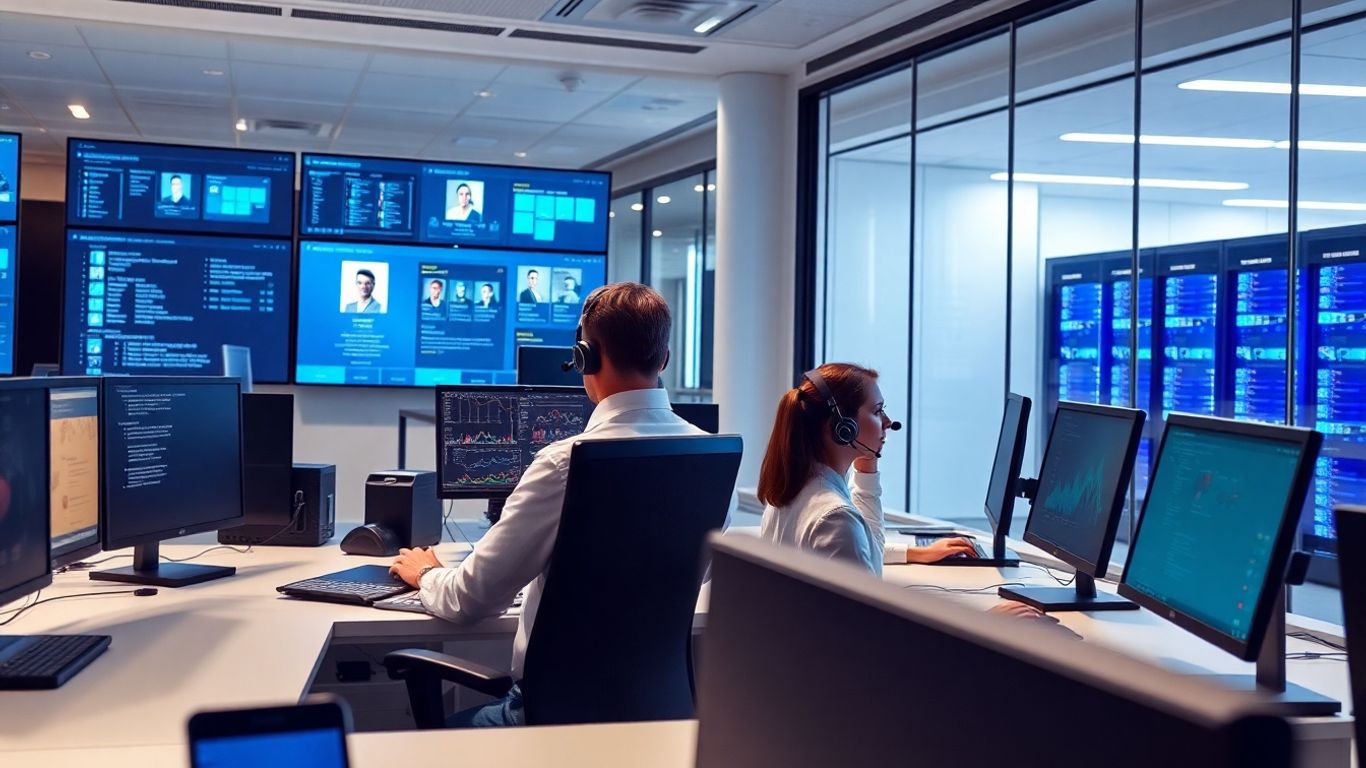 Modern call center agents using computers and headsets