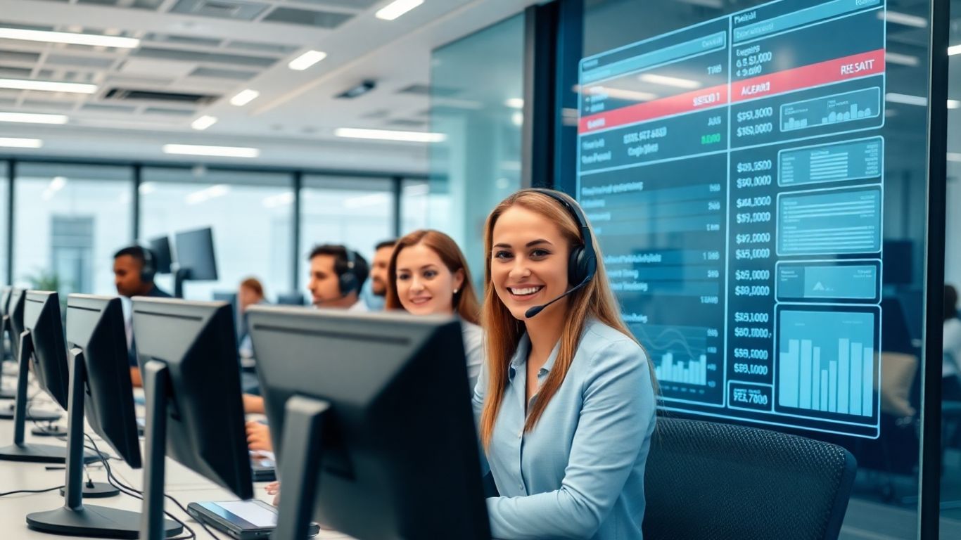 Modern call center agents using computers and headsets
