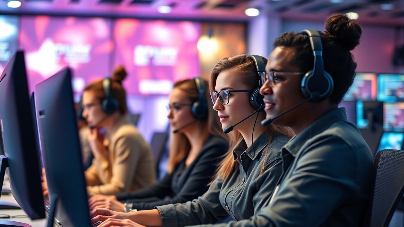Modern call center agents with headsets at work