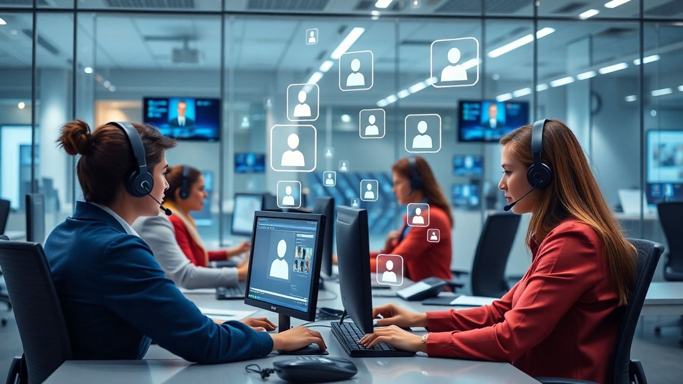 Modern call center agents using technology in a bright office