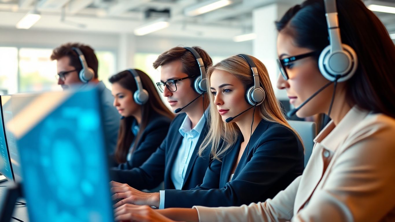 Call center agents working with futuristic technology