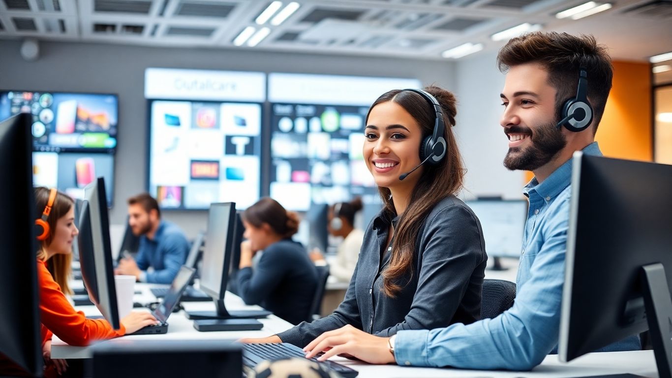 Call center agent researching product information at desk