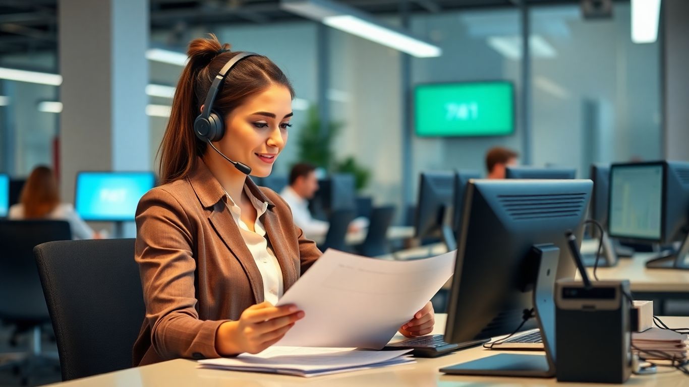 Focused call center agent managing time at desk