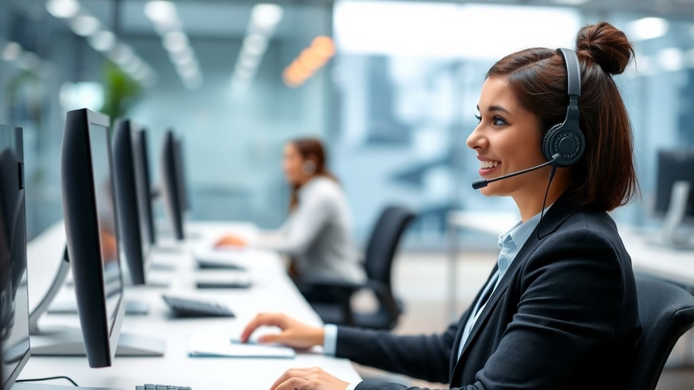 Call center representative listening with headset at desk
