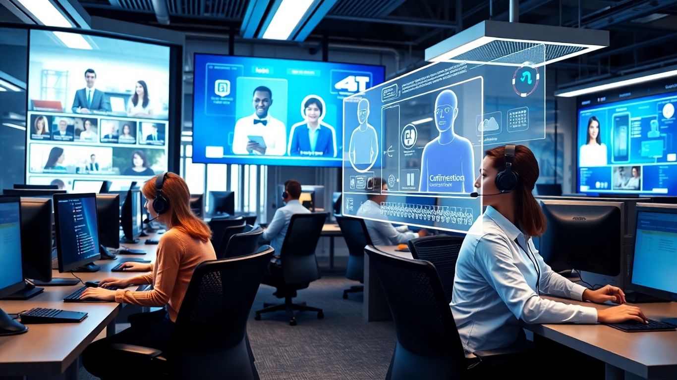 Futuristic call center with AI and customer service agents