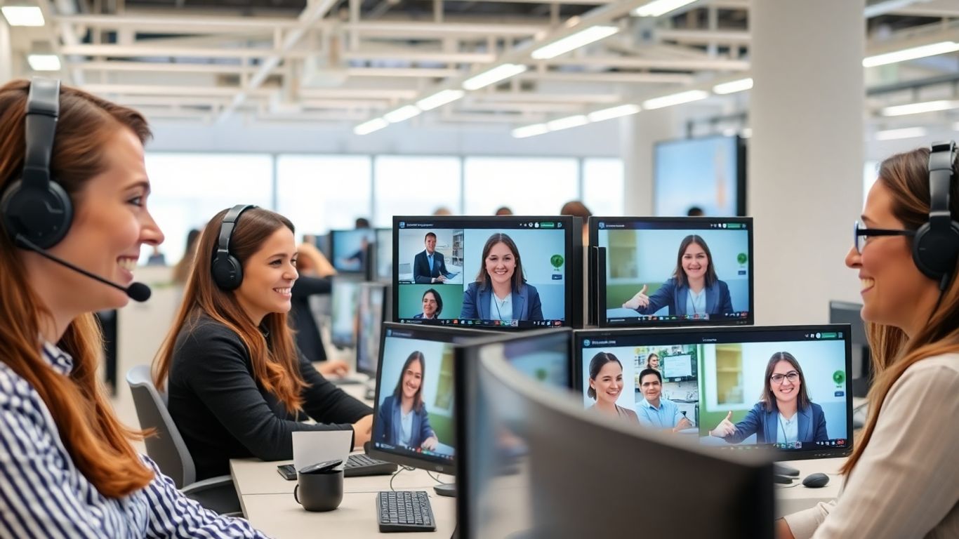 Modern AI-powered call center with agents assisting customers