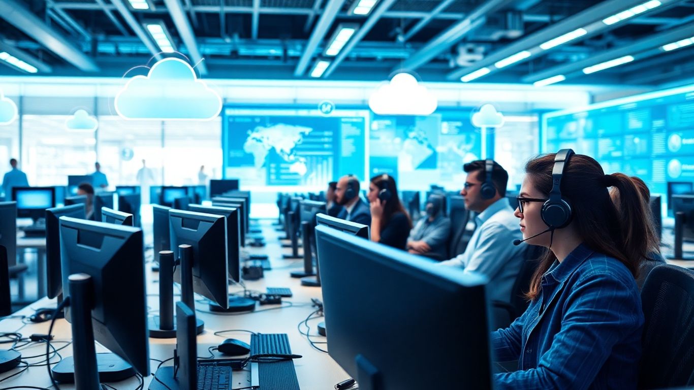 Modern AI call center with digital workflow connections