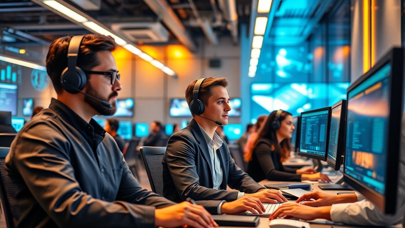 Modern call center agents at work with advanced technology.