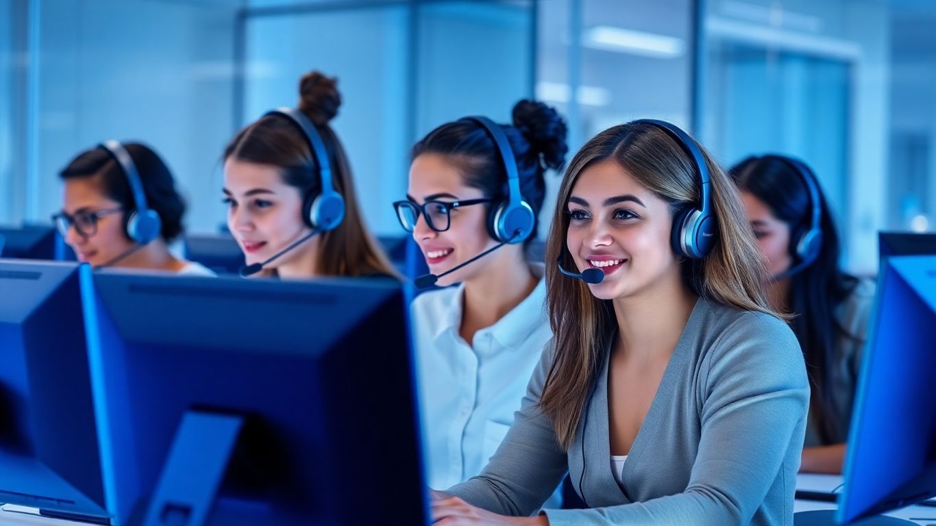 Modern call center team using headsets and technology