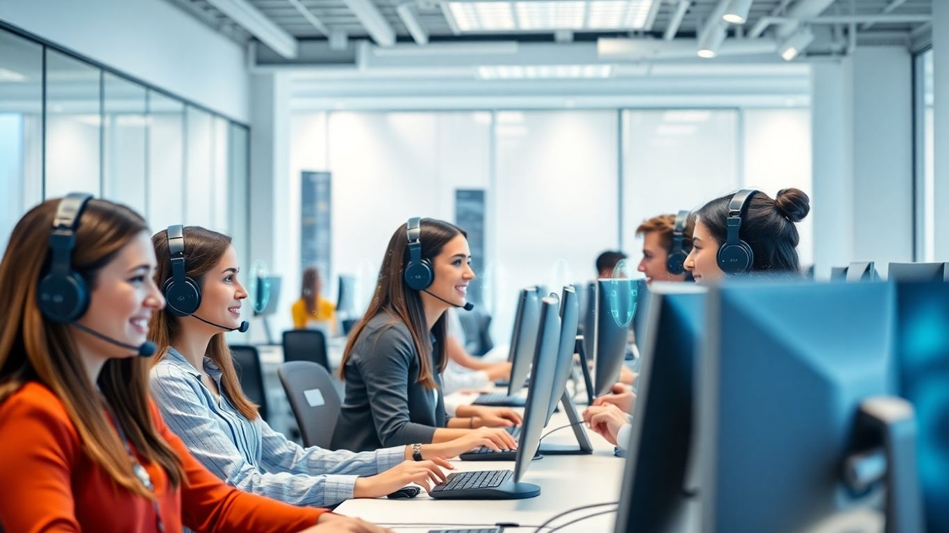 Call center agents with headsets and digital voice waves