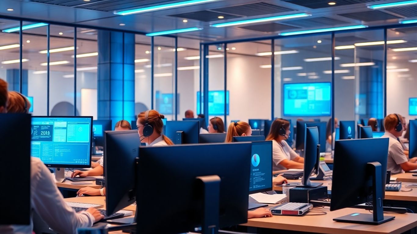 Modern call center agents using AI automation technology