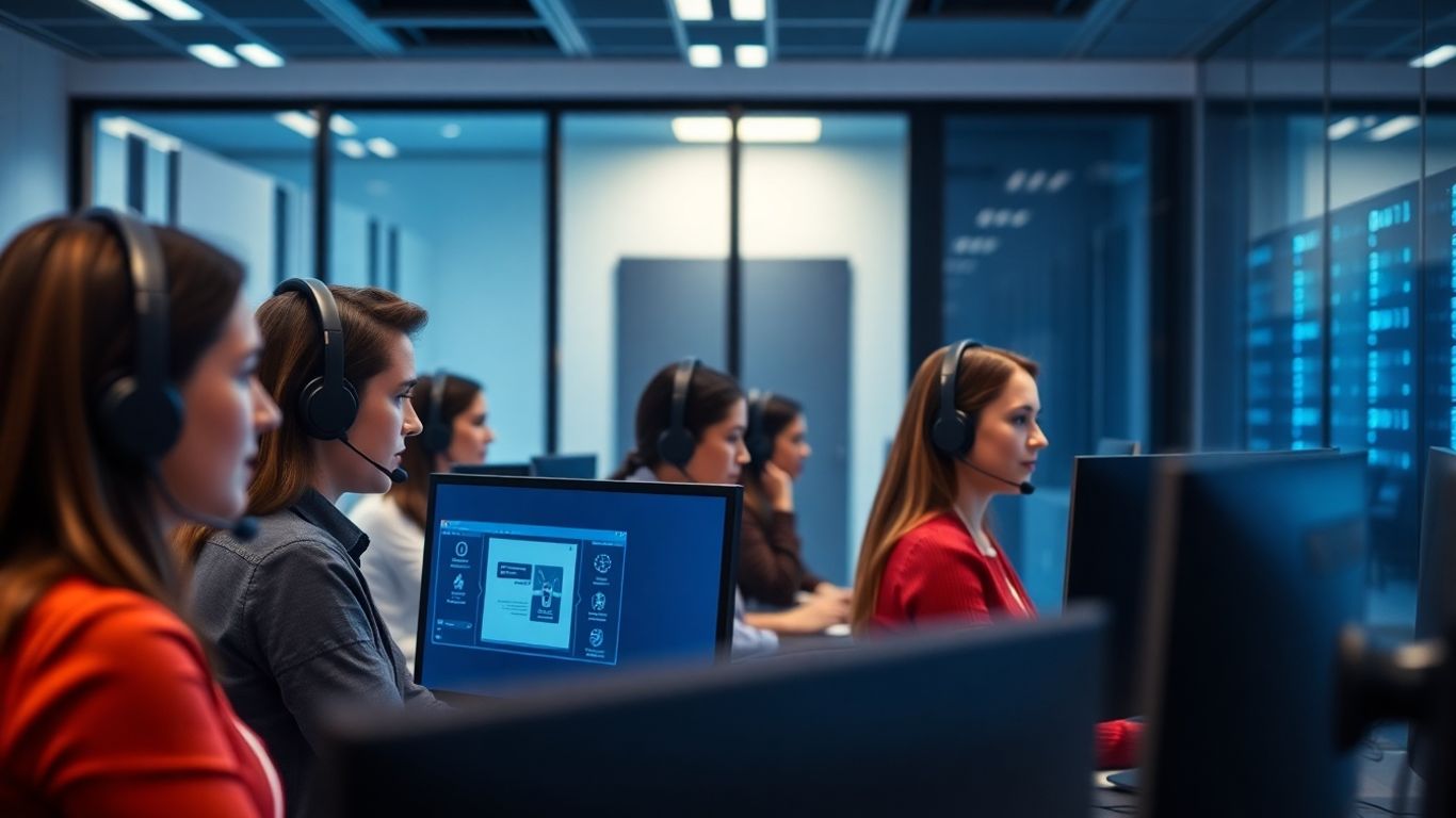 Call center agents and secure server room in background