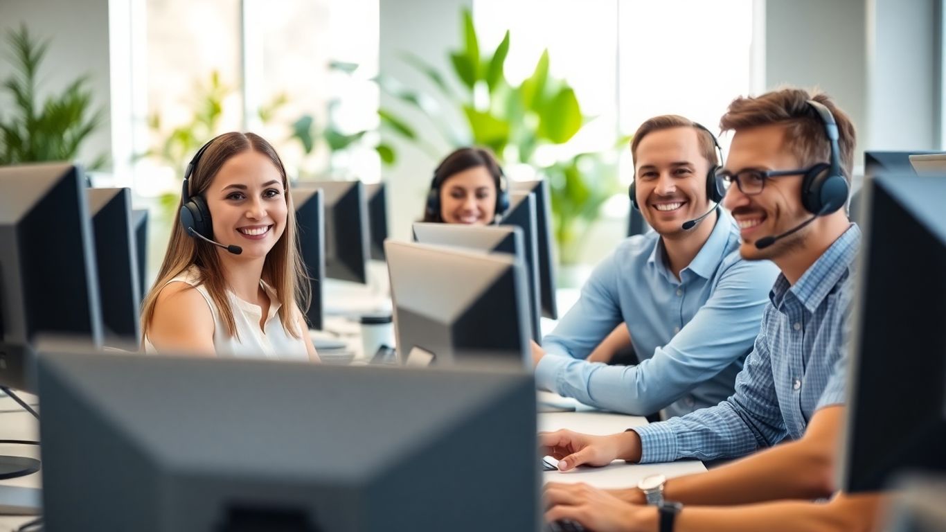 Smiling call center agents in a bright, modern office