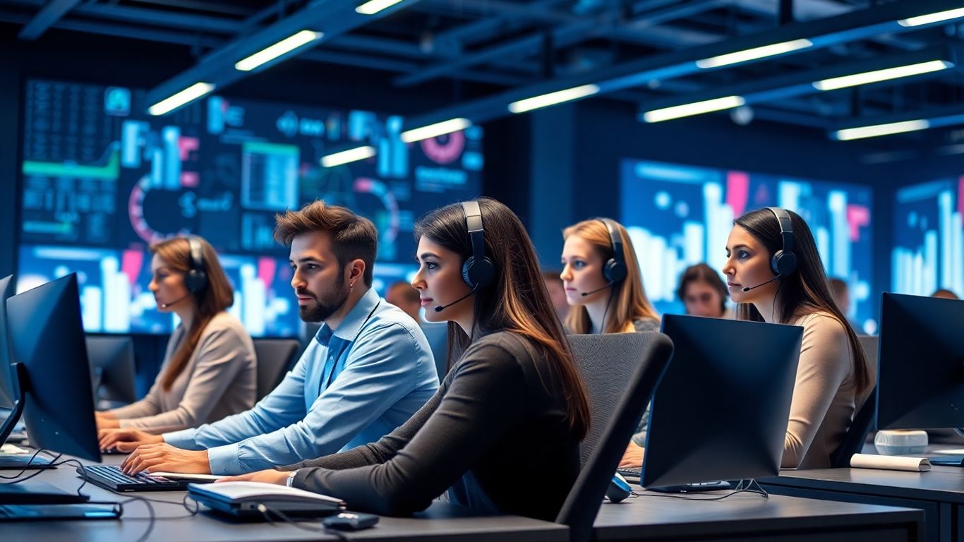 Modern call center agents with headsets and digital screens