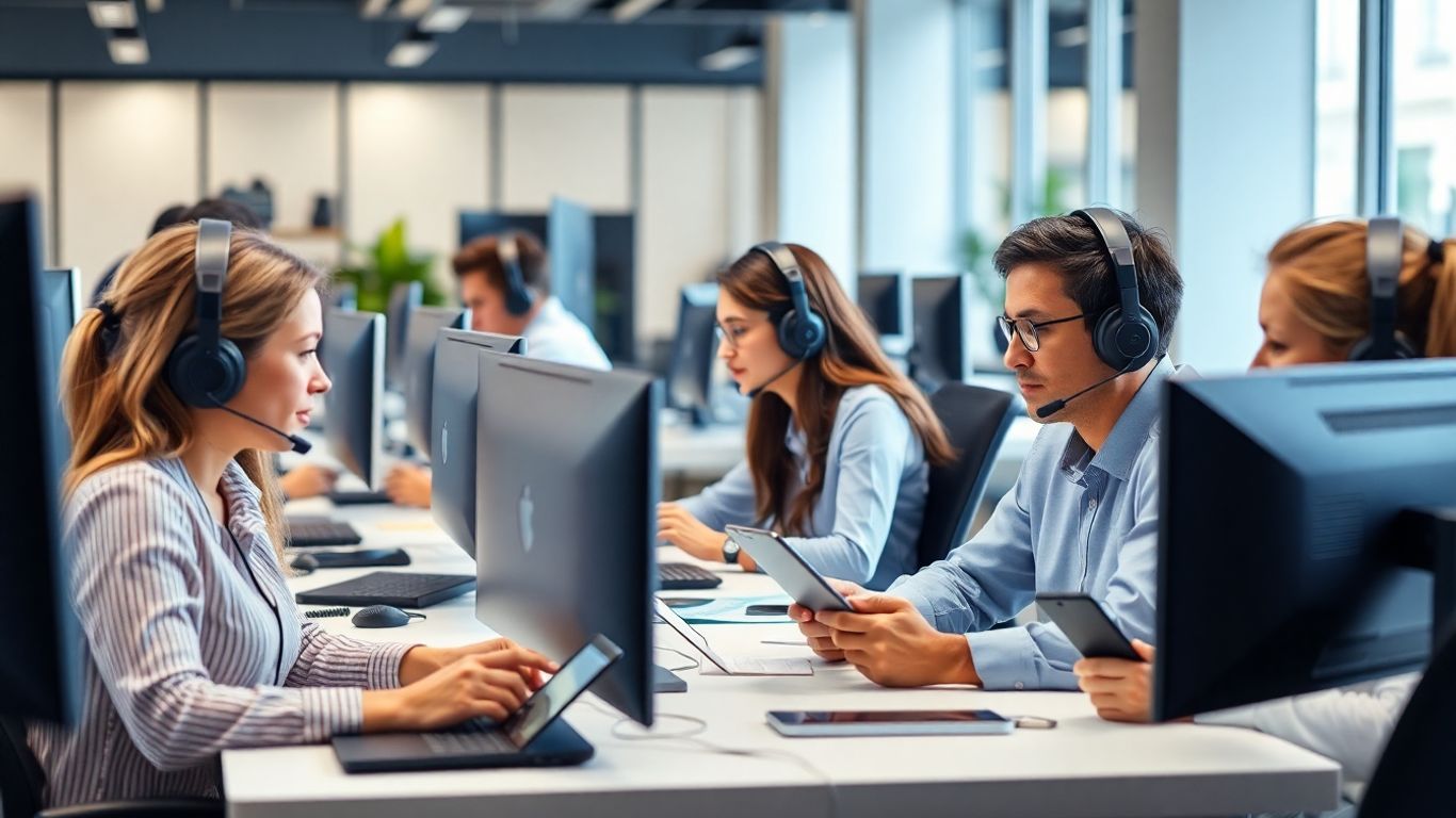 Call center agents using phones, computers, and tablets