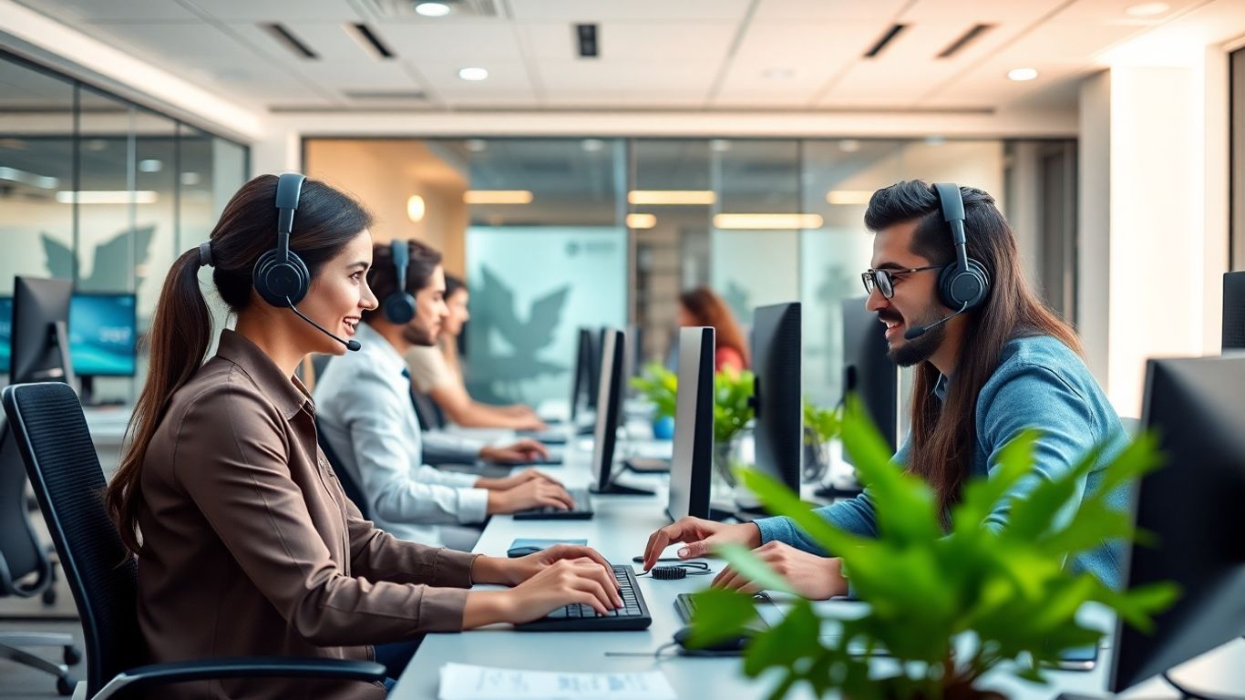 Call center agents providing customer service in modern office
